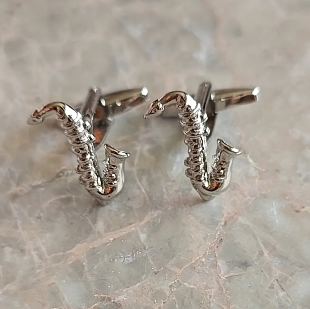Vintage saxophone cufflinks sax music‎ saxophonist silver tone 1990